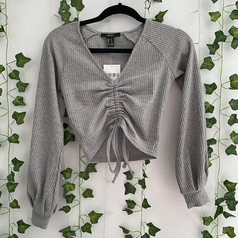 Grey Cinched Front Long Sleeve Top